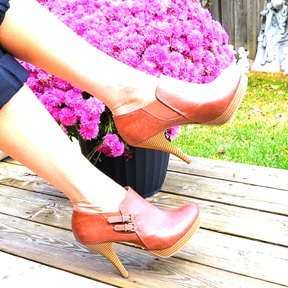 FLASH SALE! Cognac Brown Faux Leather Ankle Boots, Dual Buckles, Spike Heel, 8.5